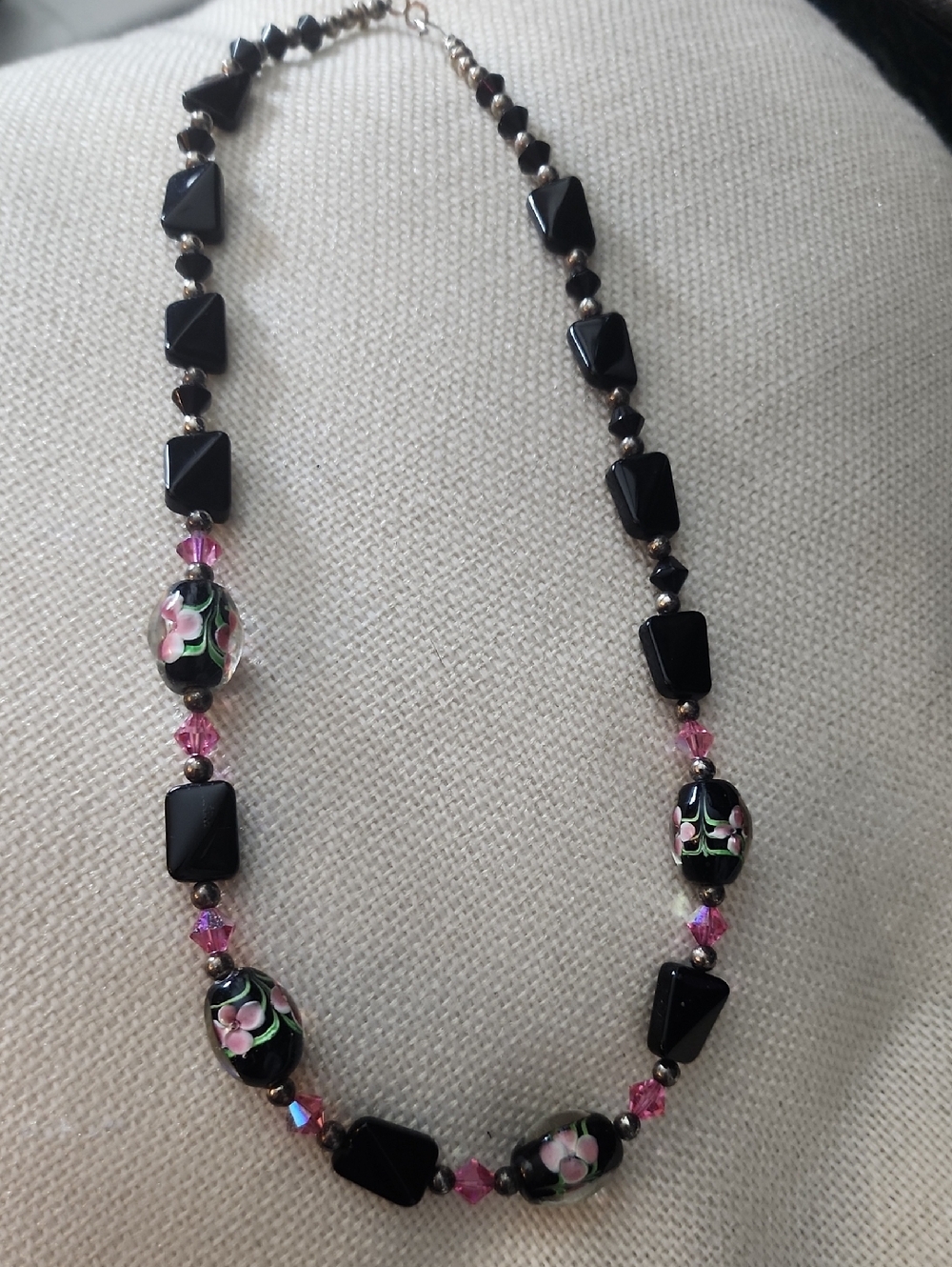 Vintage Black Glass Necklace with Pink Floral Beads